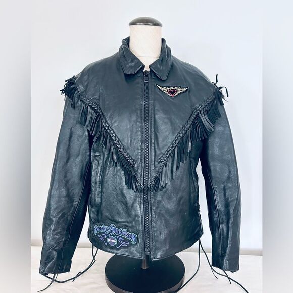 Unik Black Cropped Leather Jacket with Fringe, Harley Patches size Large